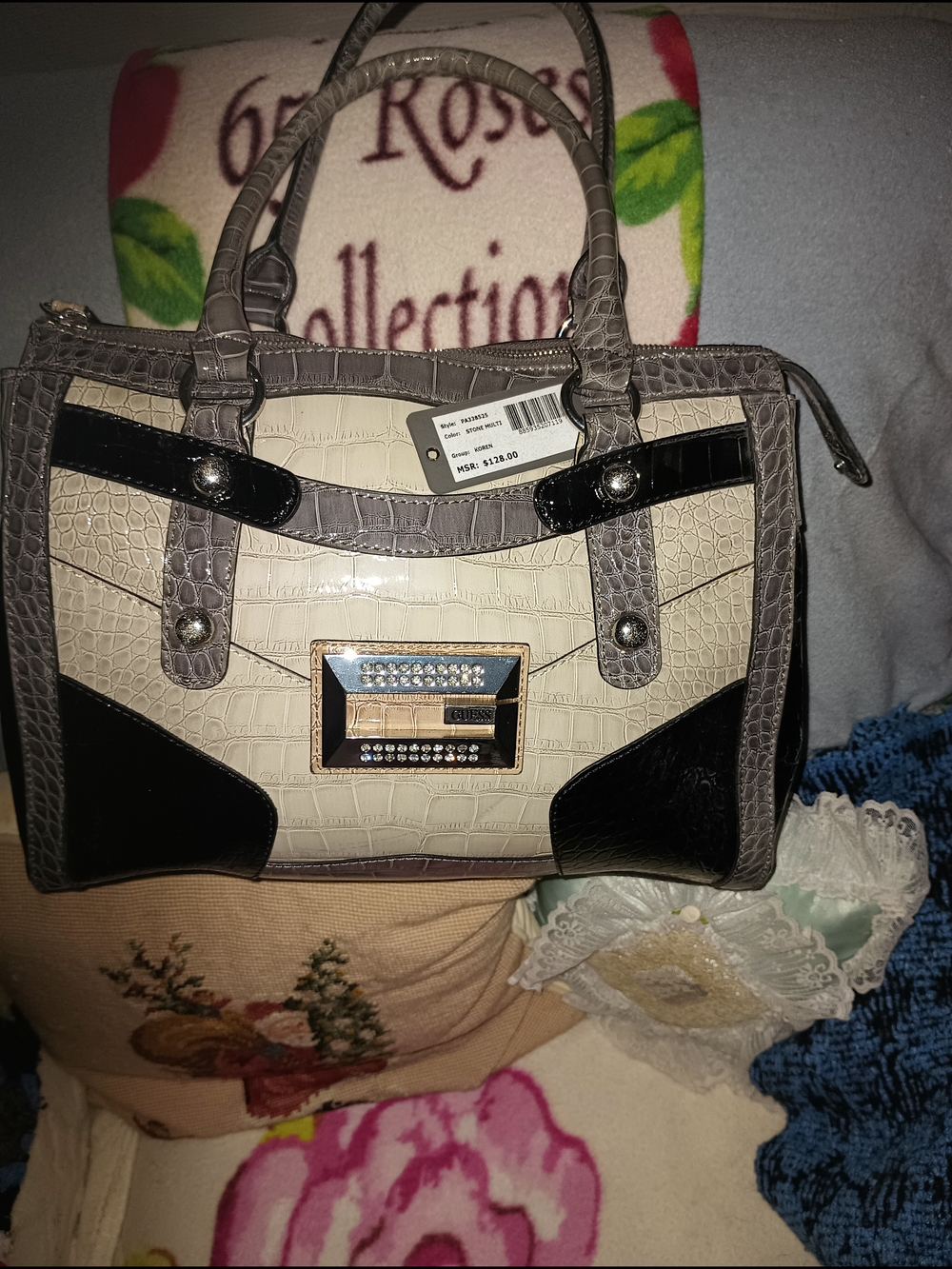 Chic Neutral Croc-Embossed Satchel - Cream & Gray